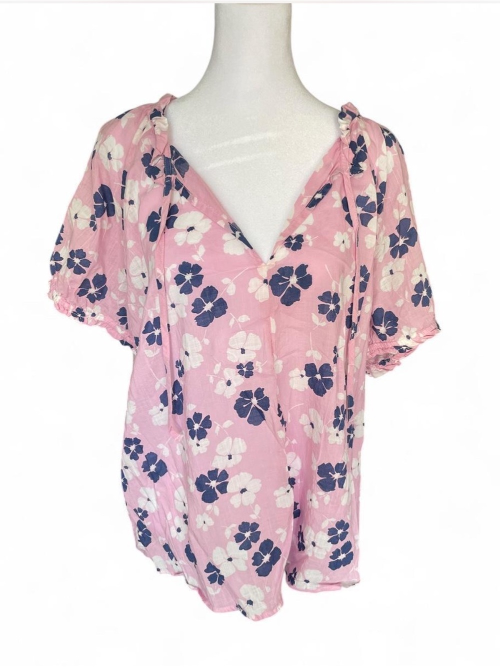 GAP Pink Floral V-Neck Tie-Shoulder Blouse